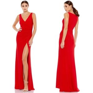 Ieena for Mac Duggal Red V Neck Ruched Gown High Slit Size 10